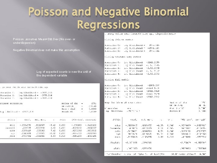 Poisson and Negative Binomial Regressions Poisson assumes Mean=Std. Dev (No over- or underdispersion) Negative