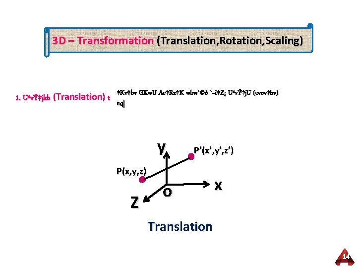 3 D – Transformation (Translation, Rotation, Scaling) ‡Kv‡bv GKw. U Ae‡R±‡K wbw`©ó `~i‡Z¡ UªvÝ‡j.