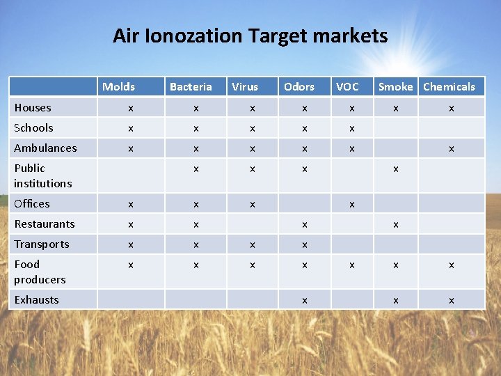 Air Ionozation Target markets Molds Bacteria Virus Odors VOC Houses x x x Schools