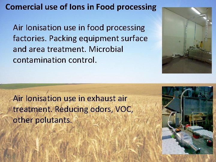 Comercial use of Ions in Food processing Air Ionisation use in food processing factories.