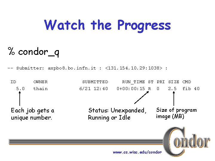 Watch the Progress % condor_q -- Submitter: axpbo 8. bo. infn. it : <131.