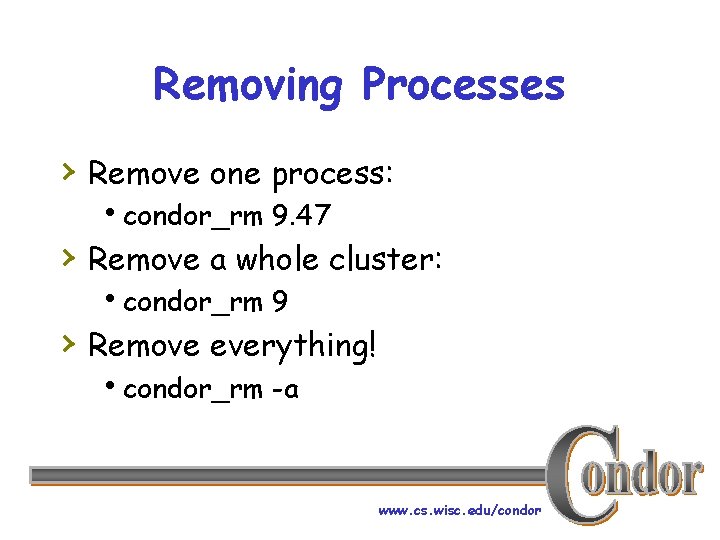 Removing Processes › Remove one process: hcondor_rm 9. 47 › Remove a whole cluster: