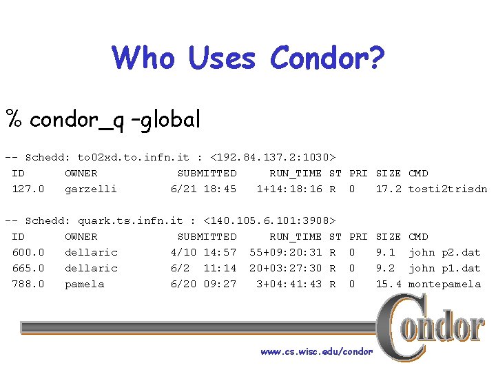 Who Uses Condor? % condor_q –global -- Schedd: to 02 xd. to. infn. it