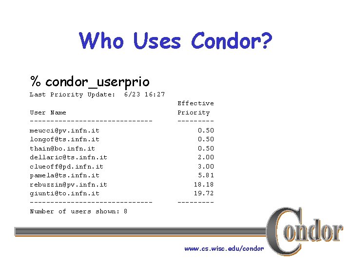 Who Uses Condor? % condor_userprio Last Priority Update: 6/23 16: 27 User Name ---------------meucci@pv.