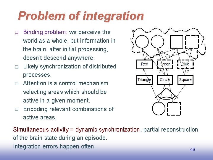 Problem of integration q q Binding problem: we perceive the world as a whole,