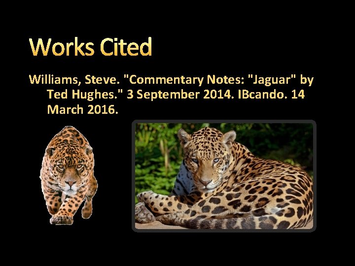 Works Cited Williams, Steve. "Commentary Notes: "Jaguar" by Ted Hughes. " 3 September 2014.