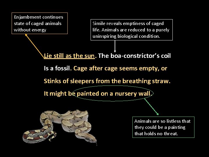 Enjambment continues state of caged animals without energy Simile reveals emptiness of caged life.