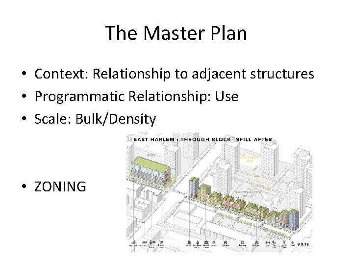 The Master Plan • Context: Relationship to adjacent structures • Programmatic Relationship: Use •