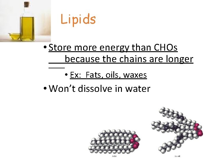 Lipids • Store more energy than CHOs because the chains are longer • Ex: