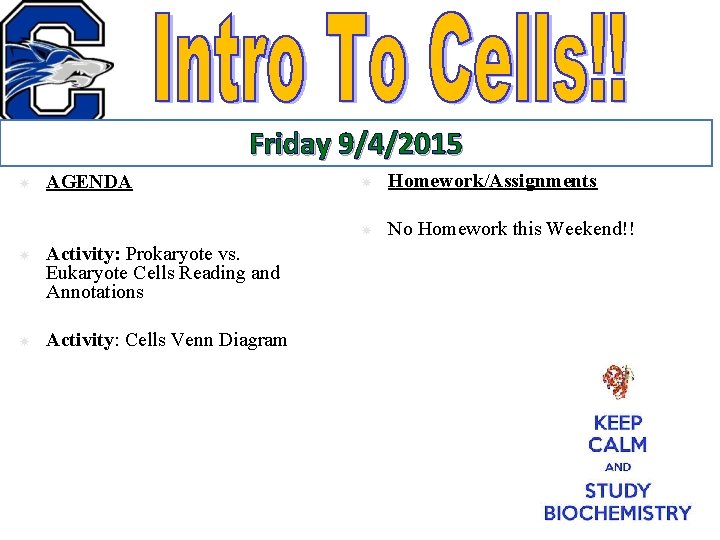 Friday 9/4/2015 AGENDA Activity: Prokaryote vs. Eukaryote Cells Reading and Annotations Activity: Cells Venn