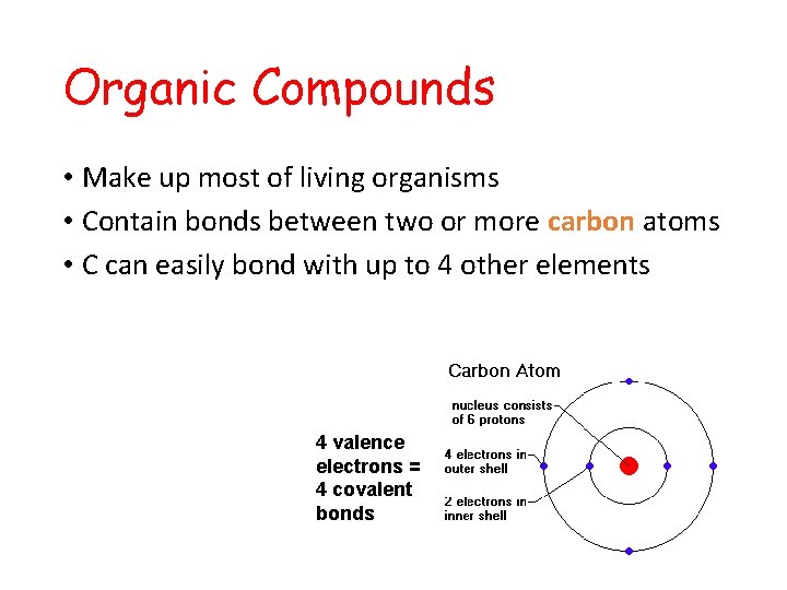 Organic Compounds • Make up most of living organisms • Contain bonds between two