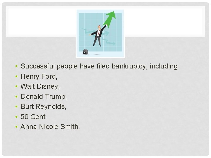  • • Successful people have filed bankruptcy, including Henry Ford, Walt Disney, Donald