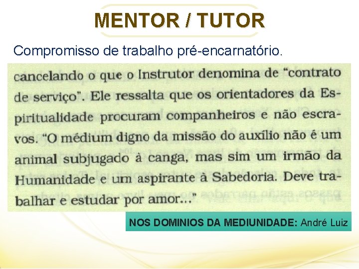 MENTOR / TUTOR Compromisso de trabalho pré-encarnatório. NOS DOMINIOS DA MEDIUNIDADE: André Luiz 
