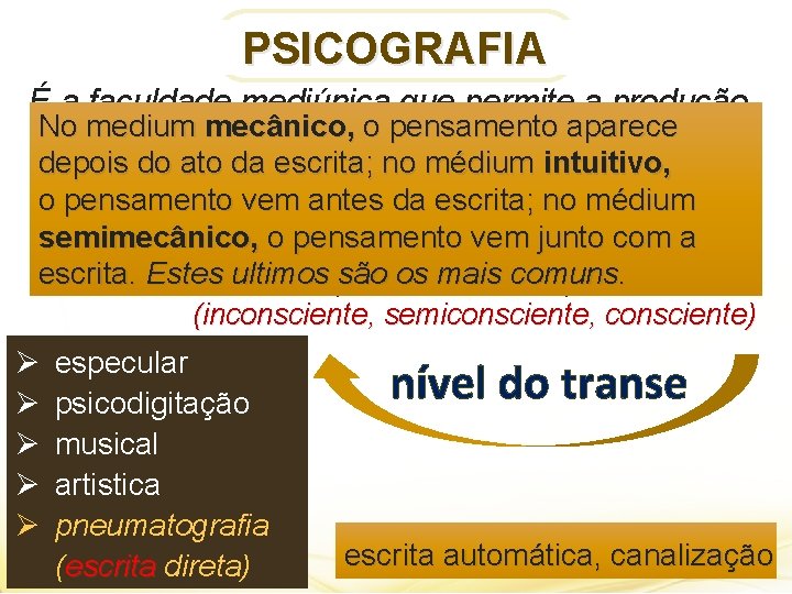 PSICOGRAFIA É a faculdade mediúnica que permite a produção Nomensagem medium mecânico de escrita.