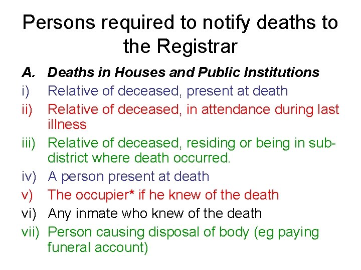 Persons required to notify deaths to the Registrar A. Deaths in Houses and Public