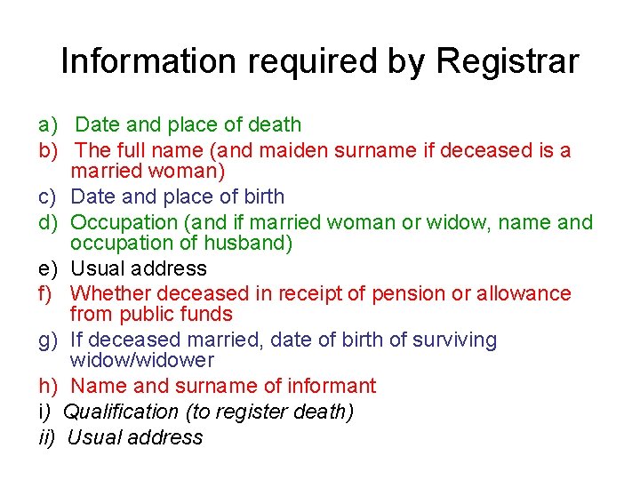 Information required by Registrar a) Date and place of death b) The full name