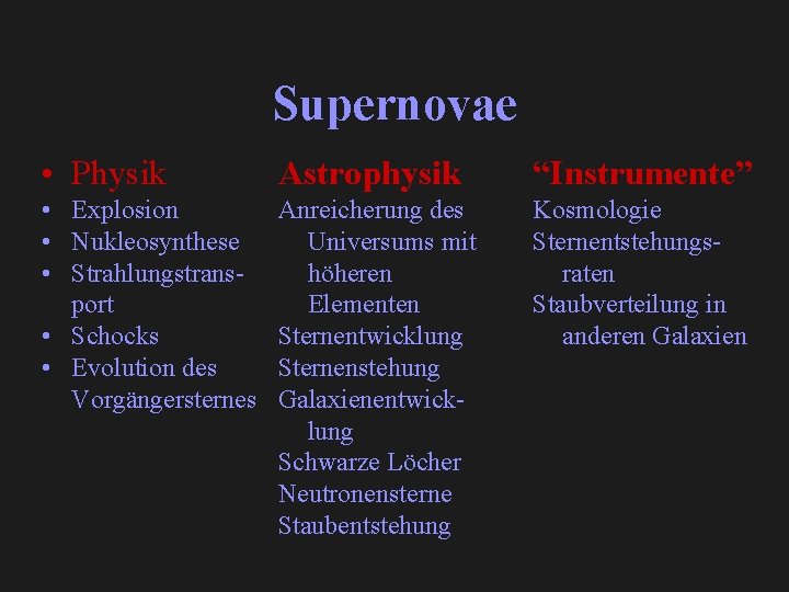 Supernovae • Physik Astrophysik “Instrumente” • Explosion • Nukleosynthese • Strahlungstransport • Schocks •