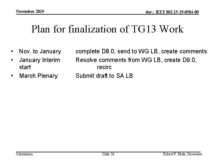 November 2019 doc. : IEEE 802. 15 -19 -0584 -00 Plan for finalization of