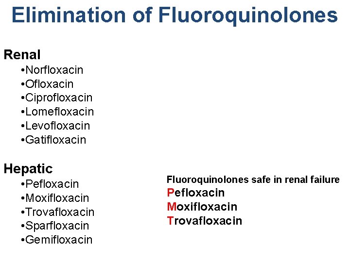 Elimination of Fluoroquinolones Renal • Norfloxacin • Ofloxacin • Ciprofloxacin • Lomefloxacin • Levofloxacin