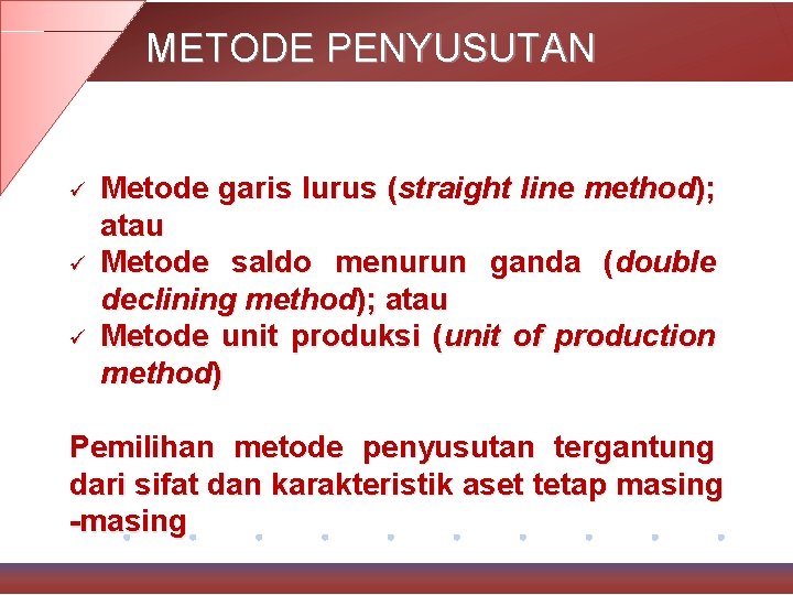 METODE PENYUSUTAN ü ü ü Metode garis lurus (straight line method); atau Metode saldo