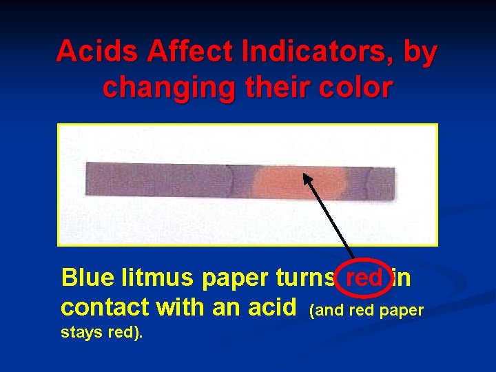 Acids Affect Indicators, by changing their color Blue litmus paper turns red in contact