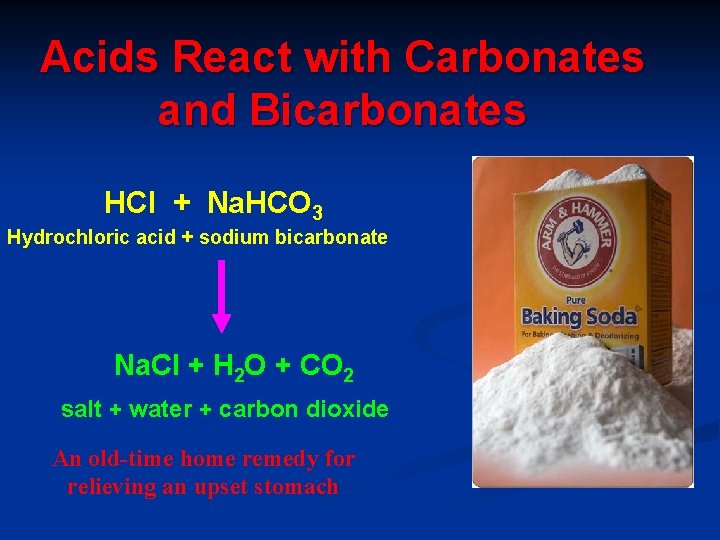 Acids React with Carbonates and Bicarbonates HCl + Na. HCO 3 Hydrochloric acid +