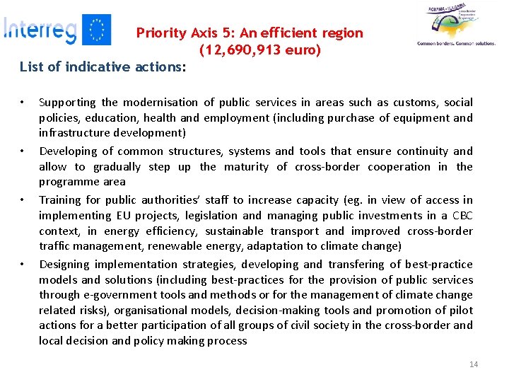 Priority Axis 5: An efficient region (12, 690, 913 euro) List of indicative actions: