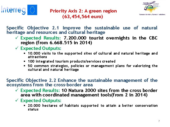 Priority Axis 2: A green region (63, 454, 564 euro) Specific Objective 2. 1