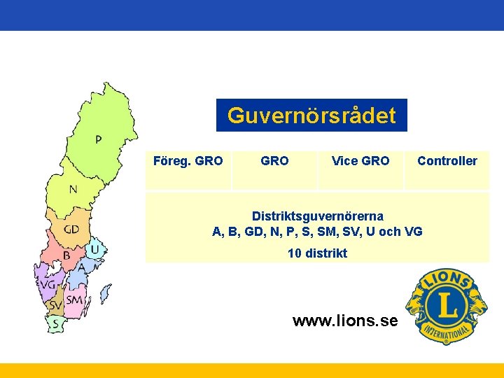 Guvernörsrådet Föreg. GRO Vice GRO Controller Distriktsguvernörerna A, B, GD, N, P, S, SM,