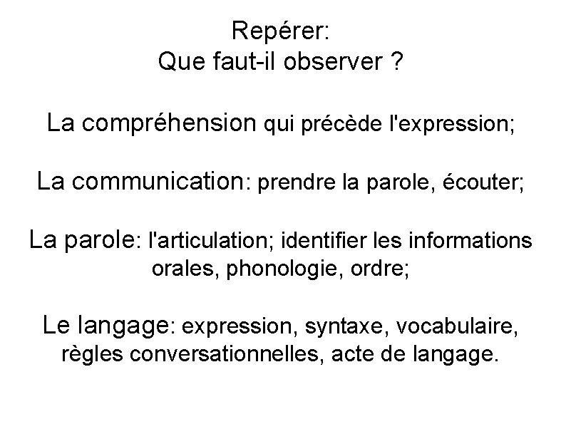 Repérer: Que faut-il observer ? La compréhension qui précède l'expression; La communication: prendre la