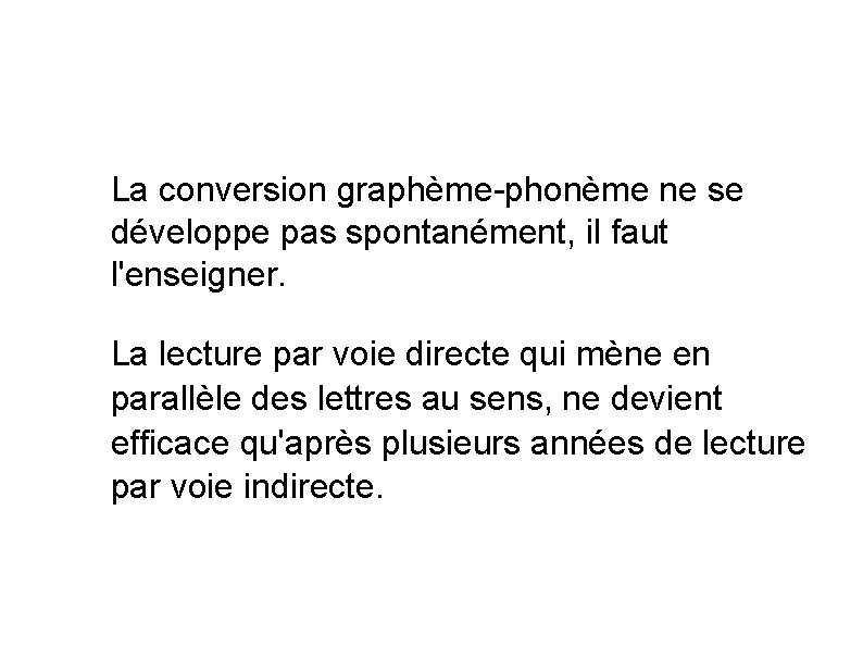 La conversion graphème-phonème ne se développe pas spontanément, il faut l'enseigner. La lecture par