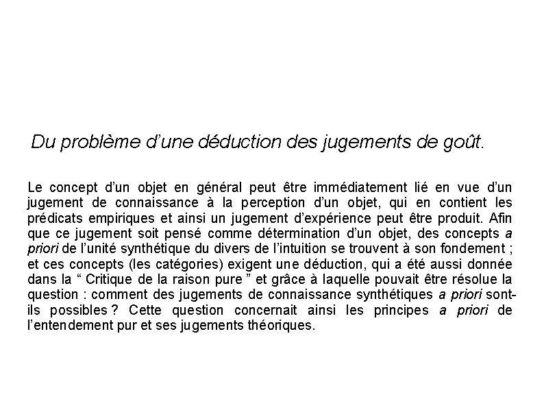 Du problème d’une déduction des jugements de goût. Le concept d’un objet en général