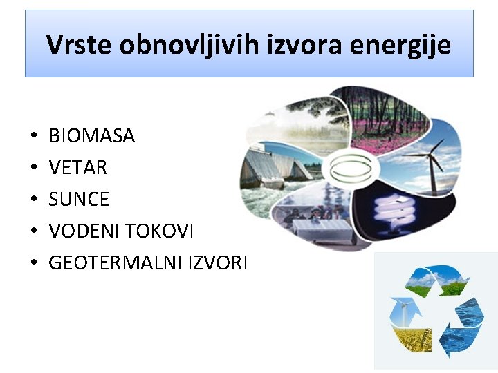 Vrste obnovljivih izvora energije • • • BIOMASA VETAR SUNCE VODENI TOKOVI GEOTERMALNI IZVORI