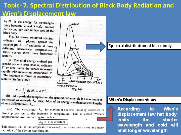 Topic- 7. Spectral Distribution of Black Body Radiation and Wien’s Displacement law Spectral distribution