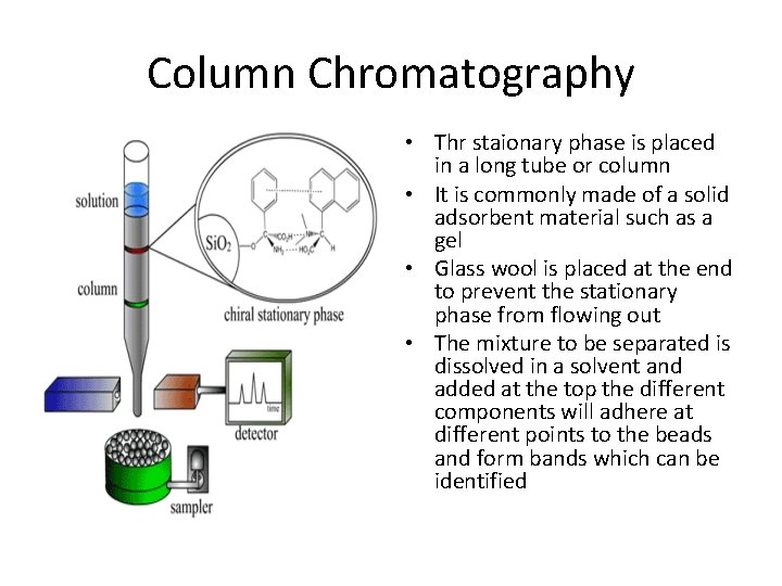 Column Chromatography • Thr staionary phase is placed in a long tube or column Column Chromatography • Thr staionary phase is placed in a long tube or column
