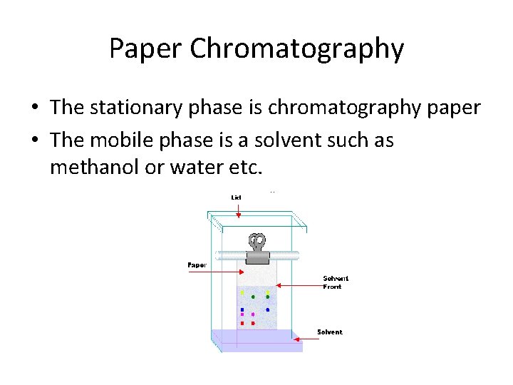 Paper Chromatography • The stationary phase is chromatography paper • The mobile phase is Paper Chromatography • The stationary phase is chromatography paper • The mobile phase is