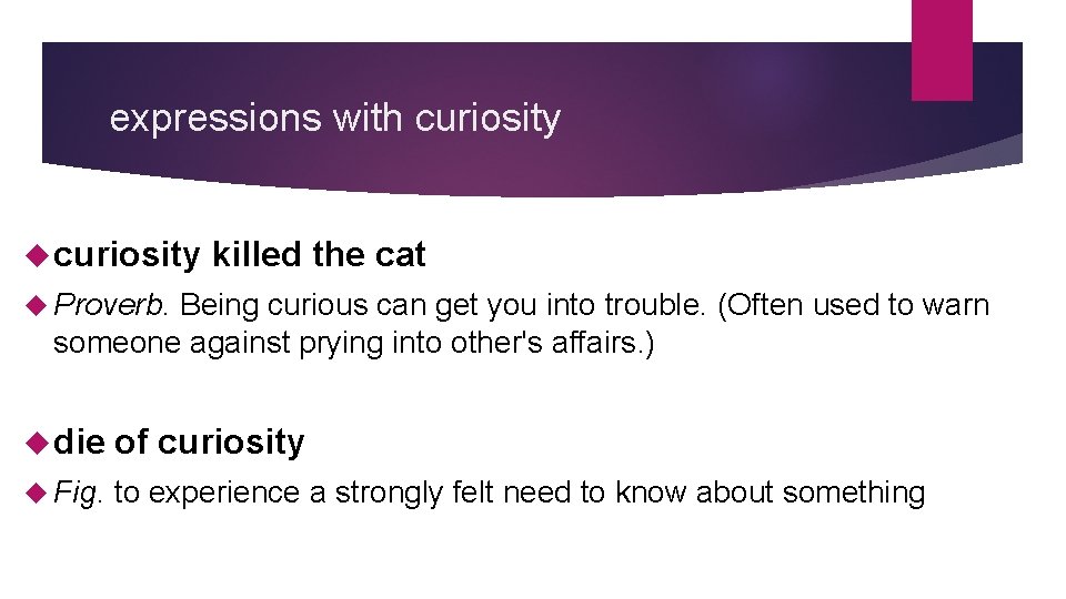 expressions with curiosity killed the cat Proverb. Being curious can get you into trouble.