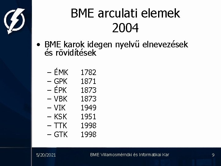 BME arculati elemek 2004 • BME karok idegen nyelvű elnevezések és rövidítések – –