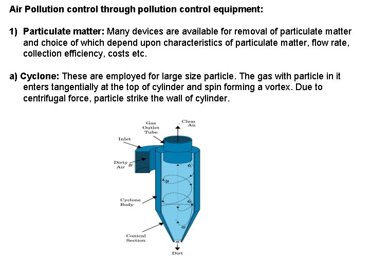Air Pollution control through pollution control equipment: 1) Particulate matter: Many devices are available