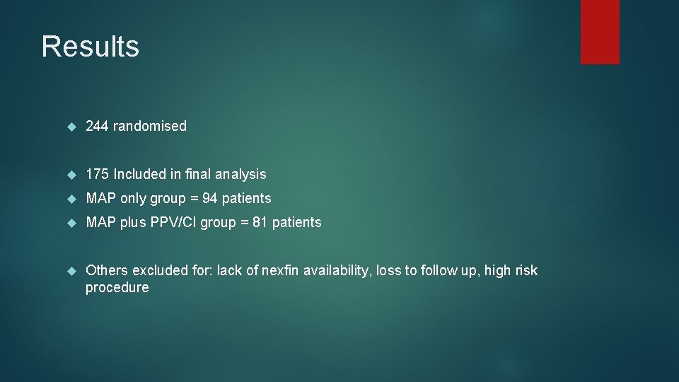 Results 244 randomised 175 Included in final analysis MAP only group = 94 patients