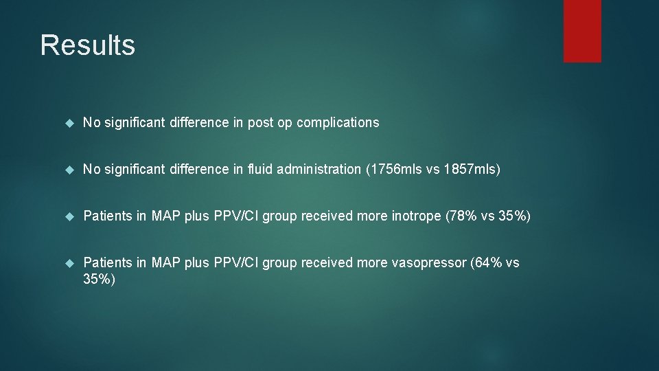 Results No significant difference in post op complications No significant difference in fluid administration