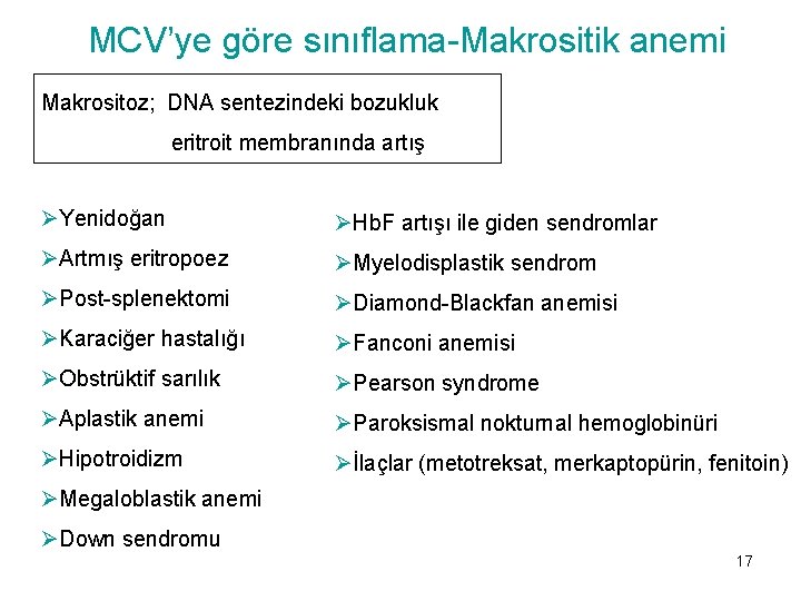 MCV’ye göre sınıflama-Makrositik anemi Makrositoz; DNA sentezindeki bozukluk eritroit membranında artış ØYenidoğan ØHb. F