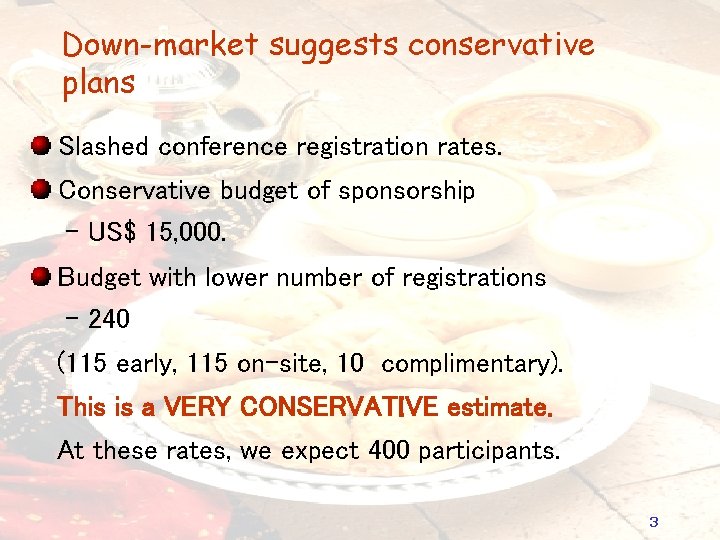 Down-market suggests conservative plans Slashed conference registration rates. Conservative budget of sponsorship – US$
