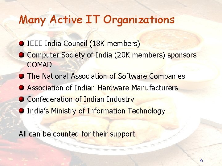 Many Active IT Organizations IEEE India Council (18 K members) Computer Society of India