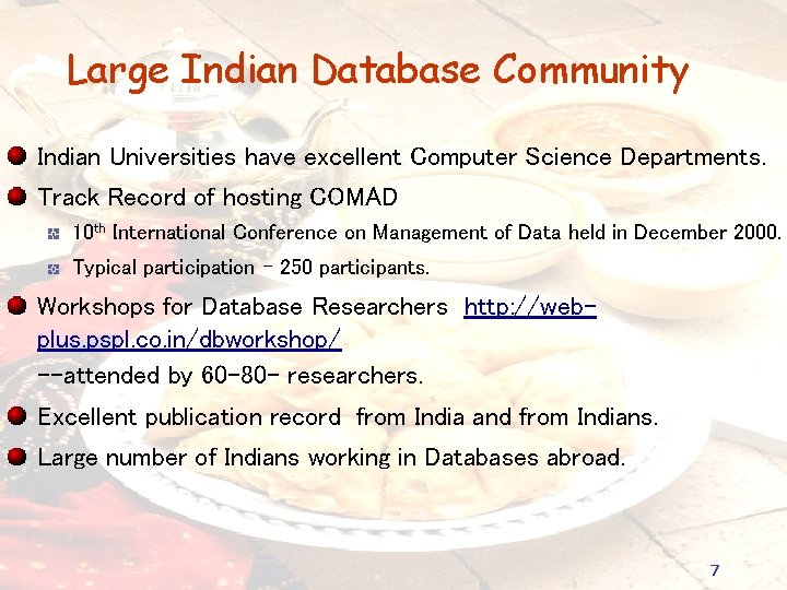 Large Indian Database Community Indian Universities have excellent Computer Science Departments. Track Record of