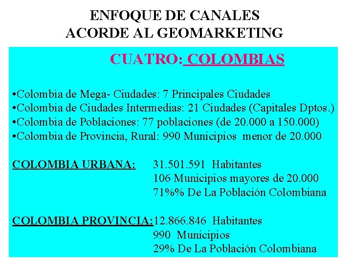 ENFOQUE DE CANALES ACORDE AL GEOMARKETING CUATRO: COLOMBIAS • Colombia de Mega- Ciudades: 7