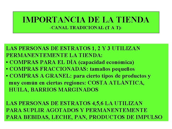 IMPORTANCIA DE LA TIENDA -CANAL TRADICIONAL (T A T)- LAS PERSONAS DE ESTRATOS 1,