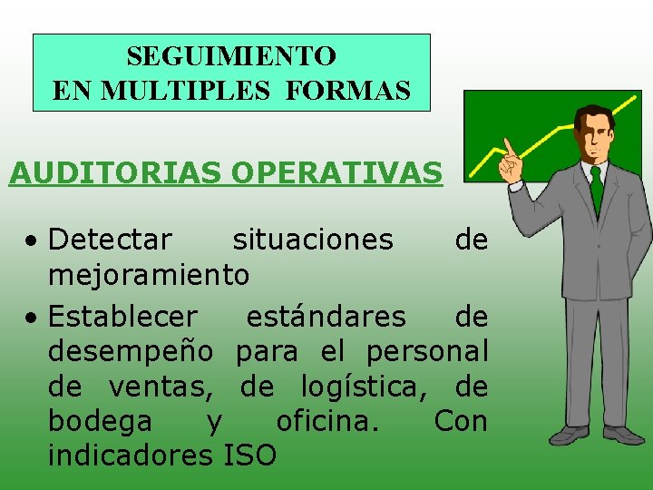 SEGUIMIENTO EN MULTIPLES FORMAS AUDITORIAS OPERATIVAS • Detectar situaciones de mejoramiento • Establecer estándares