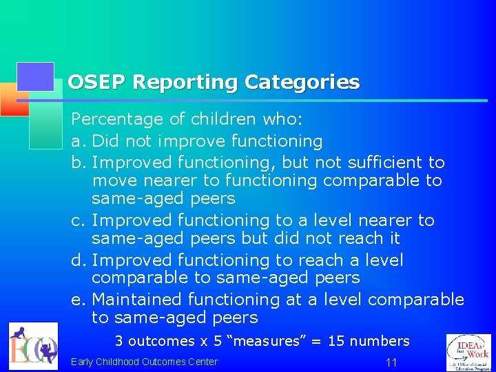OSEP Reporting Categories Percentage of children who: a. Did not improve functioning b. Improved