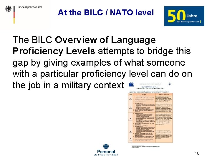 At the BILC / NATO level The BILC Overview of Language Proficiency Levels attempts